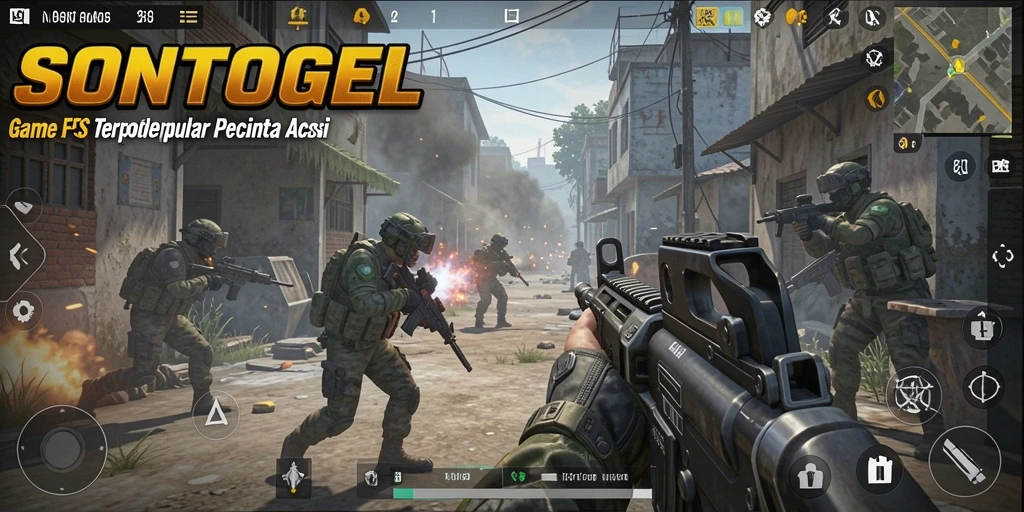 Screenshot gameplay SONTOGEL yang menampilkan aksi FPS intens.