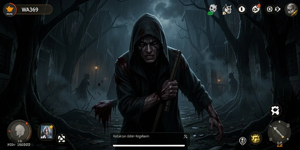 Skrinsut gameplay WA369 menampilkan suasana horor yang mencekam.